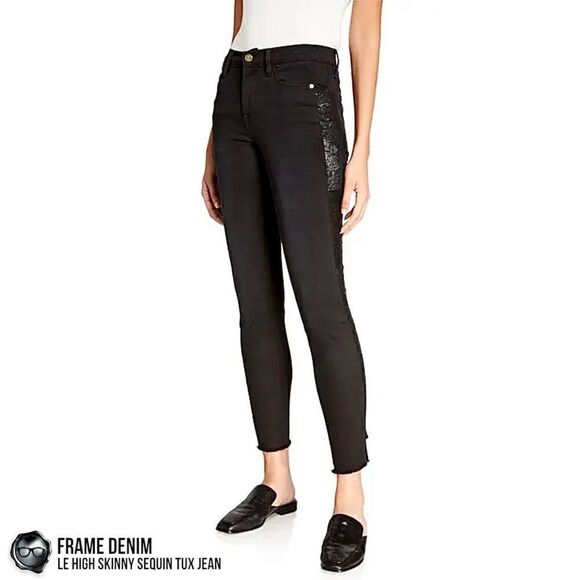 FRAME DENIM LE HIGH SKINNY SEQUIN TUX STRIPE JEAN NOIR BLACK WOMEN’S SIZE 27 NWT - Picture 2 of 16